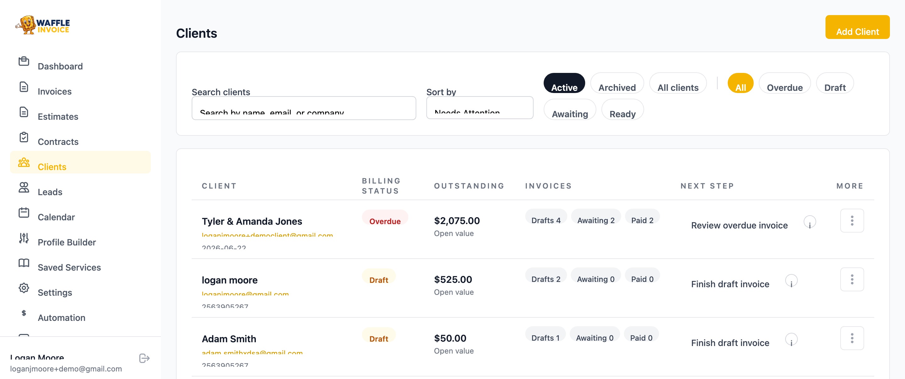 VenueBill clients list with billing status