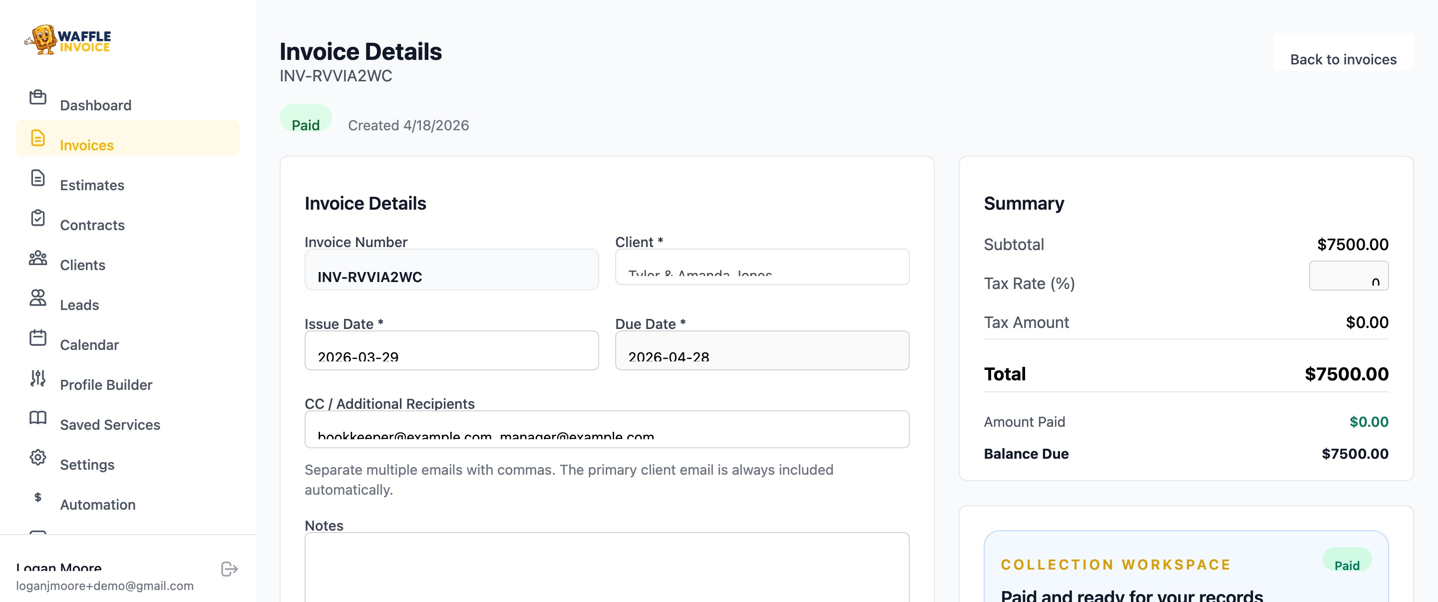 VenueBill invoice editor with summary and collection workspace