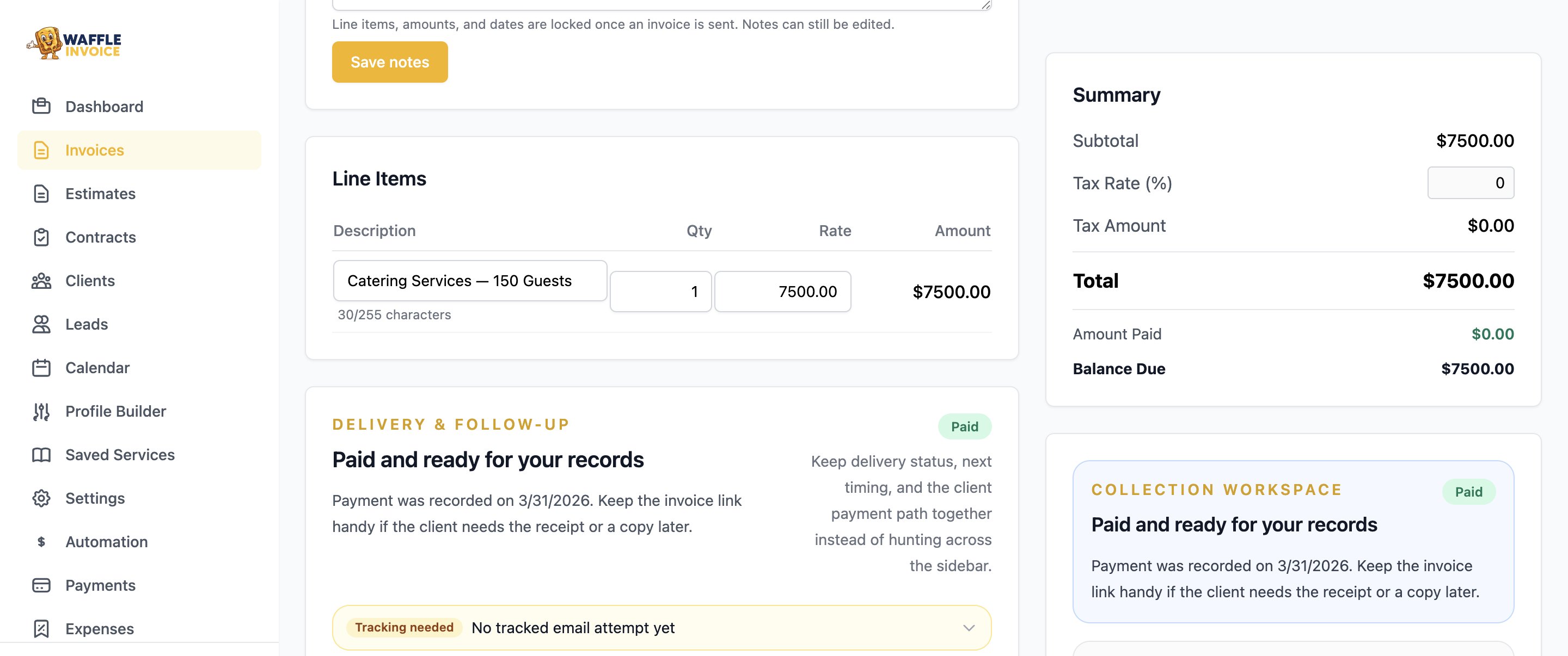 VenueBill invoice line items and delivery status