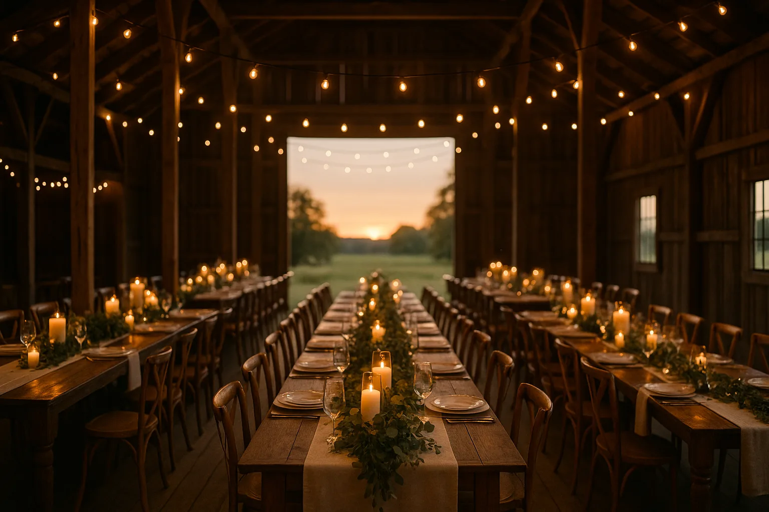 A barn wedding reception set for dinner at golden hour