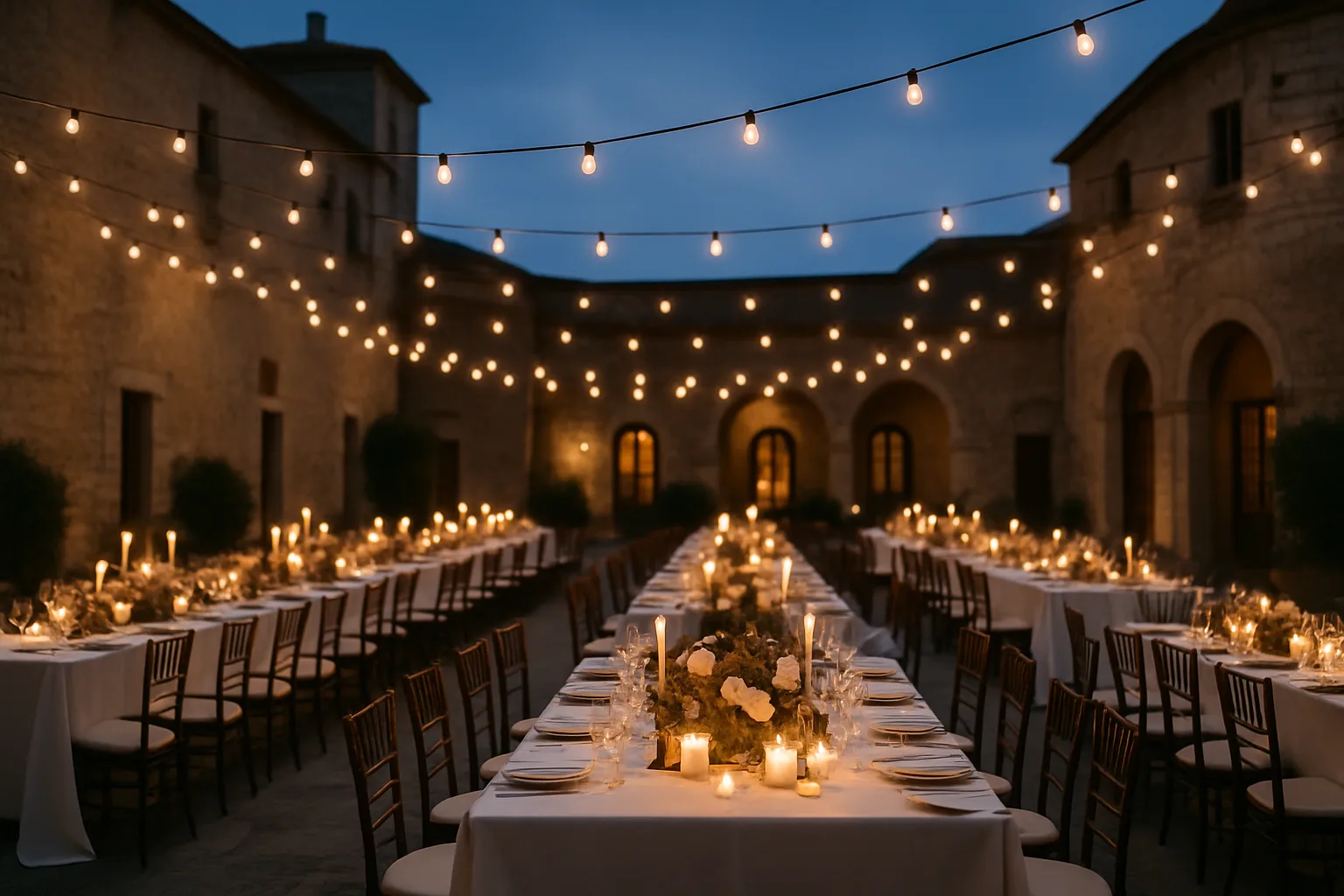 A courtyard wedding reception under string lights at dusk